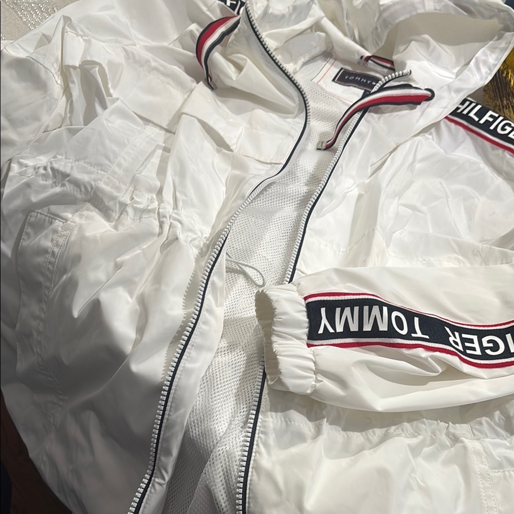 Tommy Hilfiger White Windbreaker with Red and Black Accents